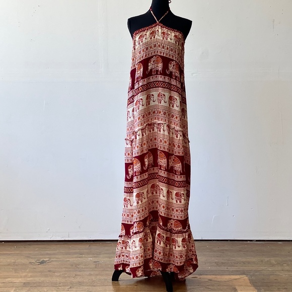 Vintage elephant print halter top bohemian style maxi dress - Picture 1 of 8